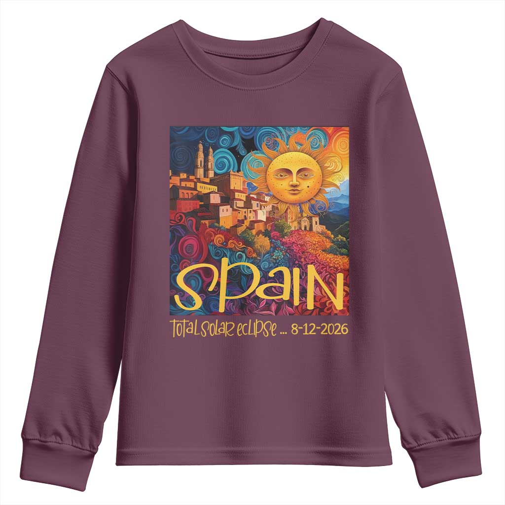 Spain 2026 Total Solar Eclipse Sun Face Graphic Youth Sweatshirt Espana Totality Travel Memorabilia Astronomy Geek Gift TS02 Maroon Print Your Wear