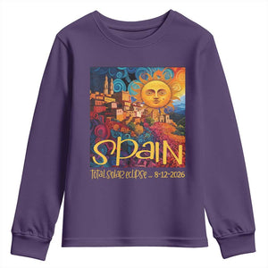 Spain 2026 Total Solar Eclipse Sun Face Graphic Youth Sweatshirt Espana Totality Travel Memorabilia Astronomy Geek Gift TS02 Purple Print Your Wear