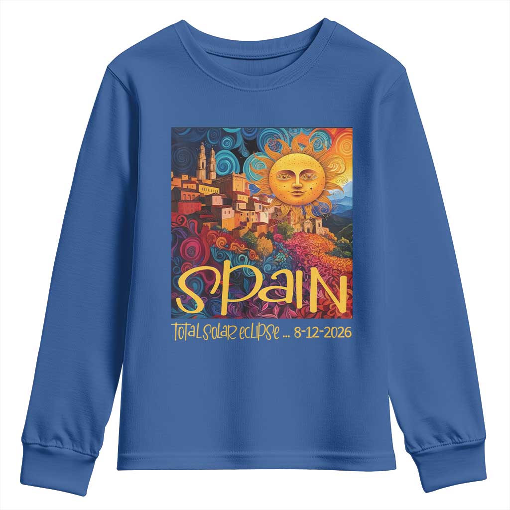 Spain 2026 Total Solar Eclipse Sun Face Graphic Youth Sweatshirt Espana Totality Travel Memorabilia Astronomy Geek Gift TS02 Royal Blue Print Your Wear