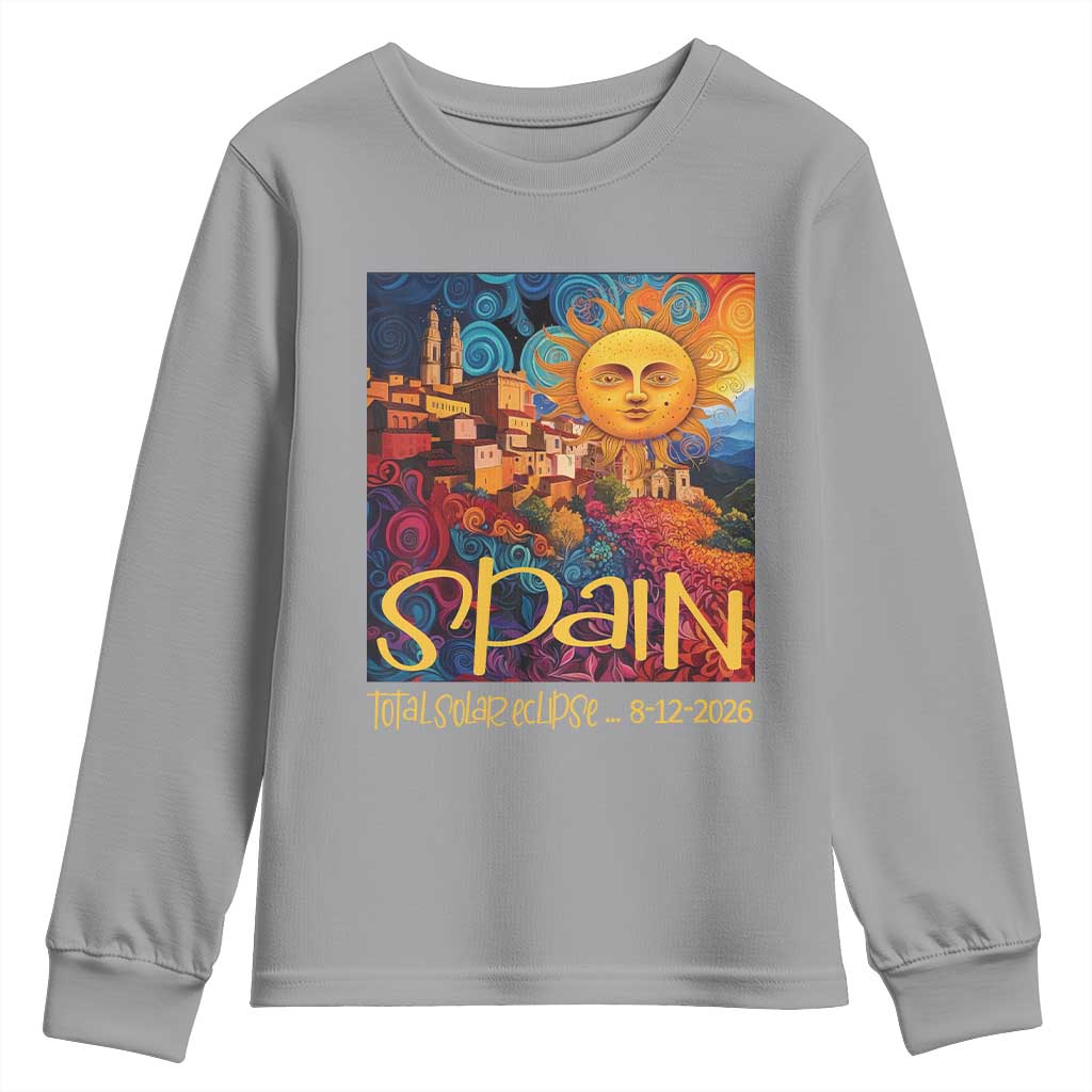 Spain 2026 Total Solar Eclipse Sun Face Graphic Youth Sweatshirt Espana Totality Travel Memorabilia Astronomy Geek Gift TS02 Sport Gray Print Your Wear