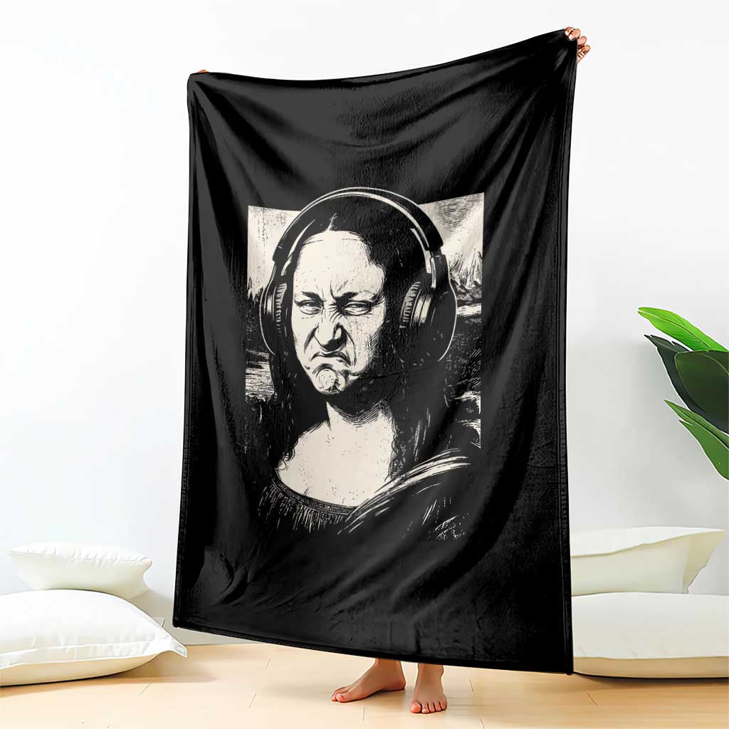 Funny Mona Lisa Wearing Headphones Bass Face Meme Throw Blanket Funny Classical Fine Art Parody Music Producer Graphic TS02 Print Your Wear