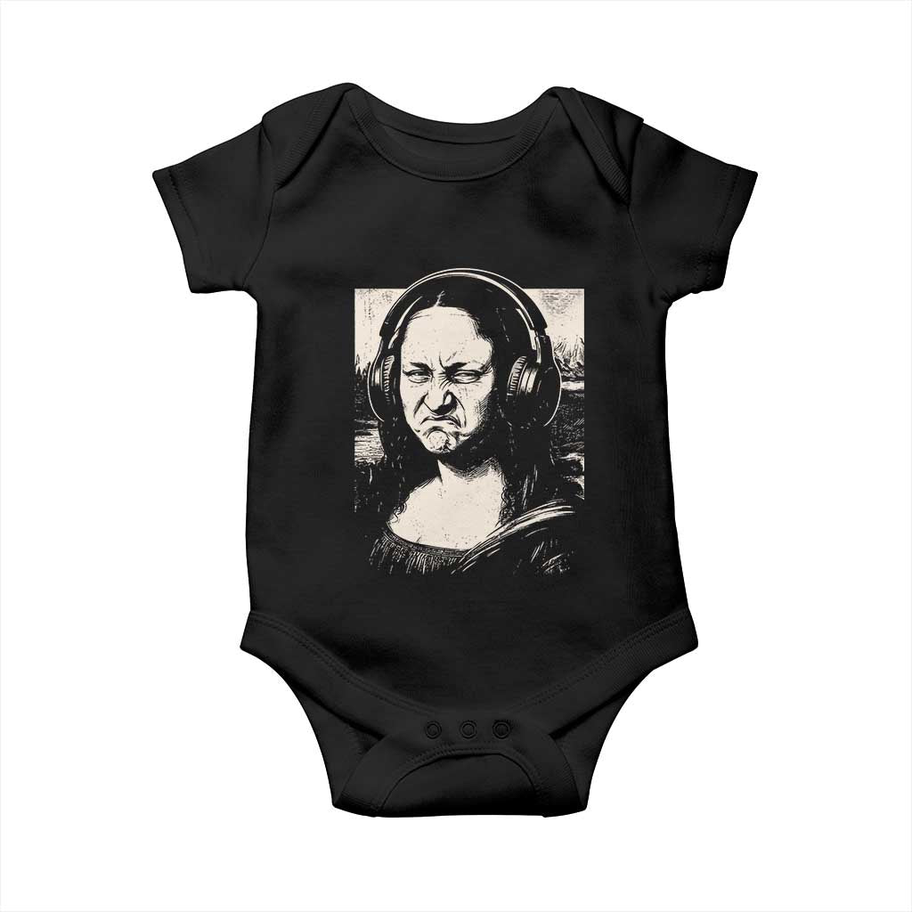 Funny Mona Lisa Wearing Headphones Bass Face Meme Baby Onesie Funny Classical Fine Art Parody Music Producer Graphic TS02 Black Print Your Wear