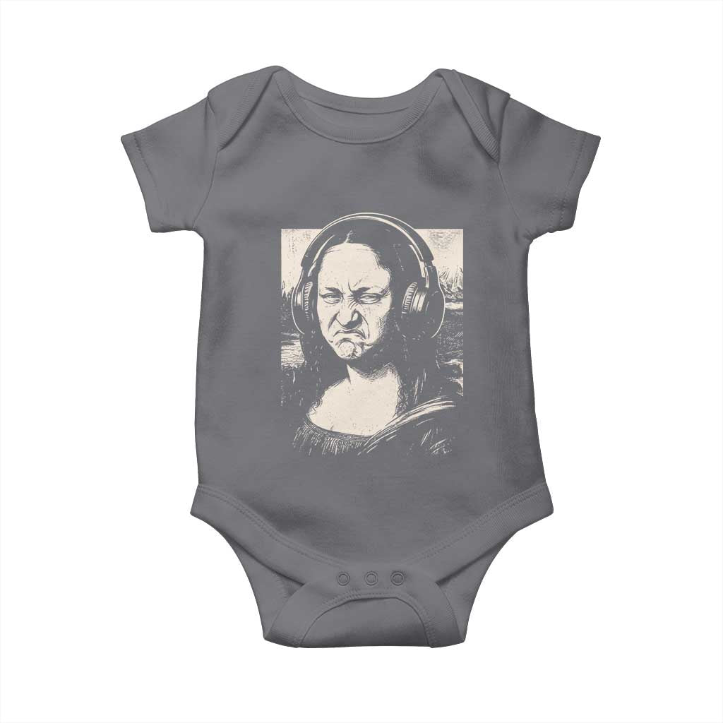 Funny Mona Lisa Wearing Headphones Bass Face Meme Baby Onesie Funny Classical Fine Art Parody Music Producer Graphic TS02 Charcoal Print Your Wear