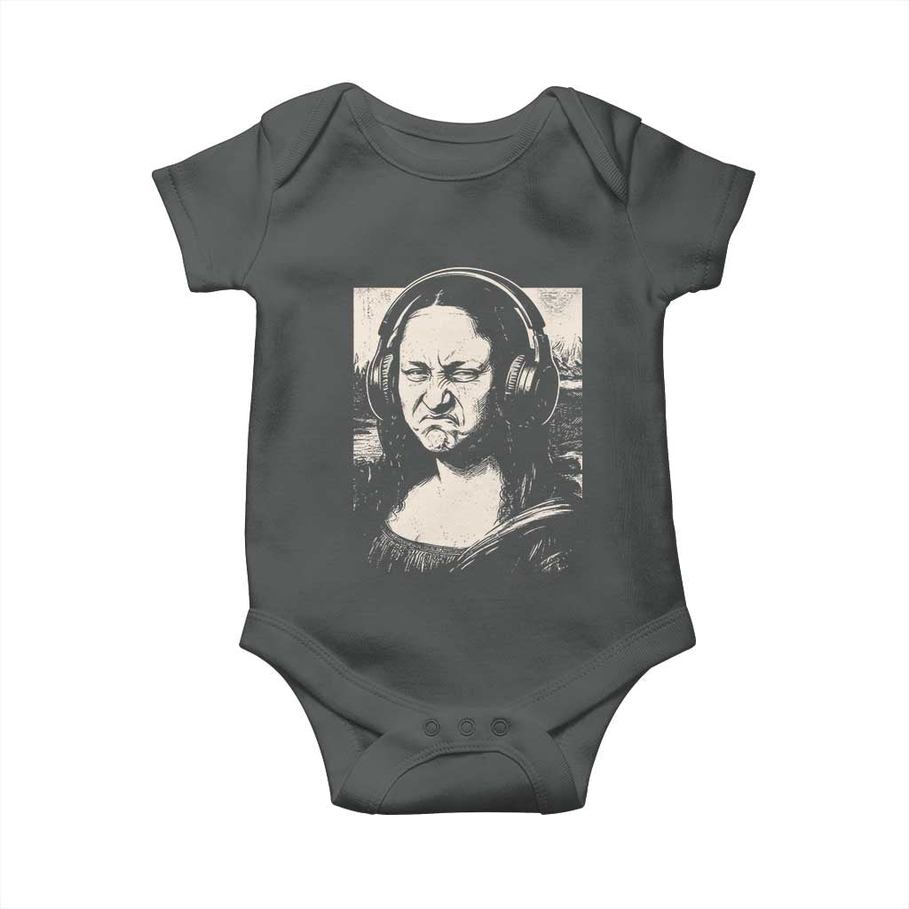 Funny Mona Lisa Wearing Headphones Bass Face Meme Baby Onesie Funny Classical Fine Art Parody Music Producer Graphic TS02 Dark Heather Print Your Wear