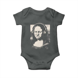 Funny Mona Lisa Wearing Headphones Bass Face Meme Baby Onesie Funny Classical Fine Art Parody Music Producer Graphic TS02 Dark Heather Print Your Wear
