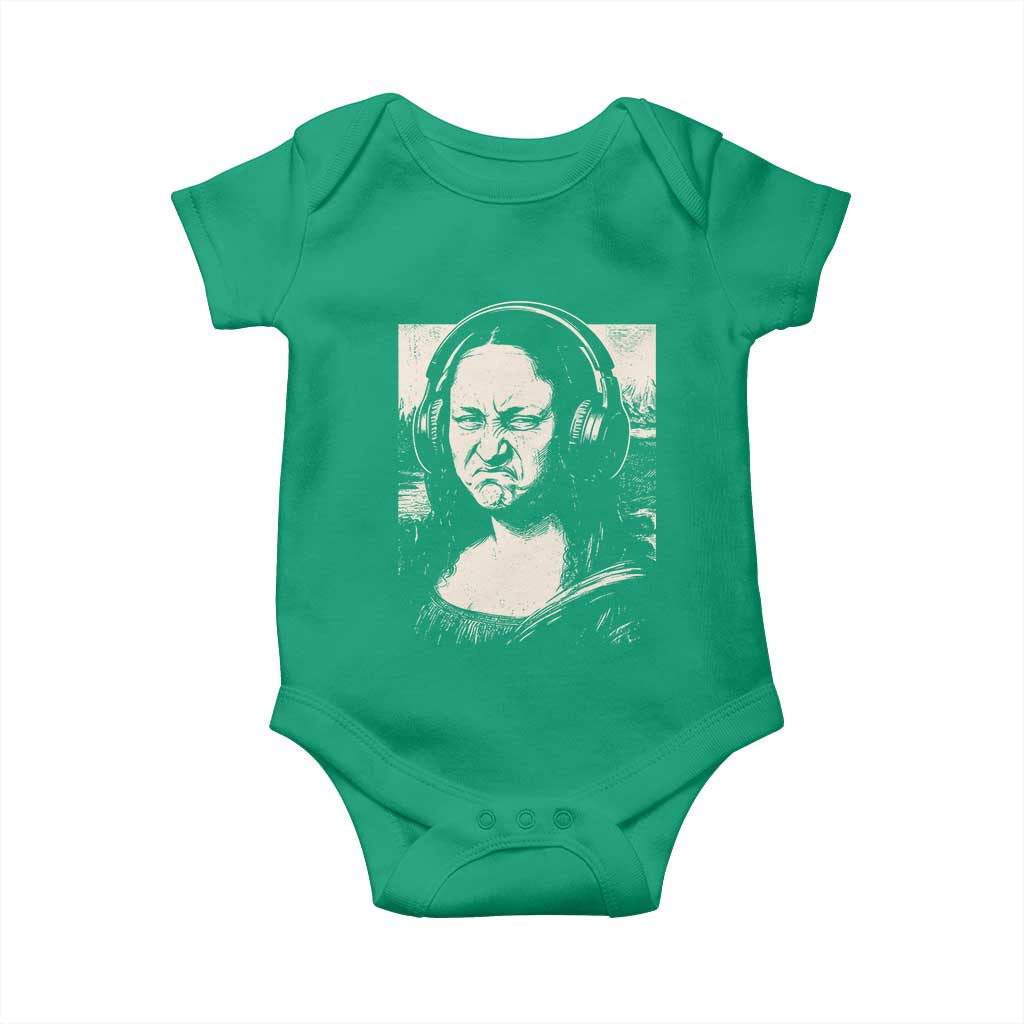 Funny Mona Lisa Wearing Headphones Bass Face Meme Baby Onesie Funny Classical Fine Art Parody Music Producer Graphic TS02 Irish Green Print Your Wear