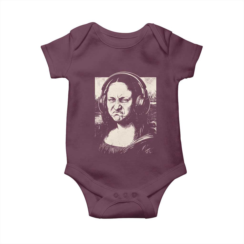 Funny Mona Lisa Wearing Headphones Bass Face Meme Baby Onesie Funny Classical Fine Art Parody Music Producer Graphic TS02 Maroon Print Your Wear