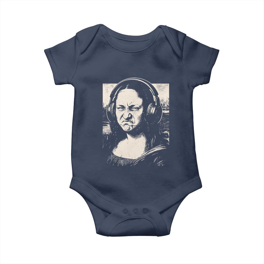 Funny Mona Lisa Wearing Headphones Bass Face Meme Baby Onesie Funny Classical Fine Art Parody Music Producer Graphic TS02 Navy Print Your Wear
