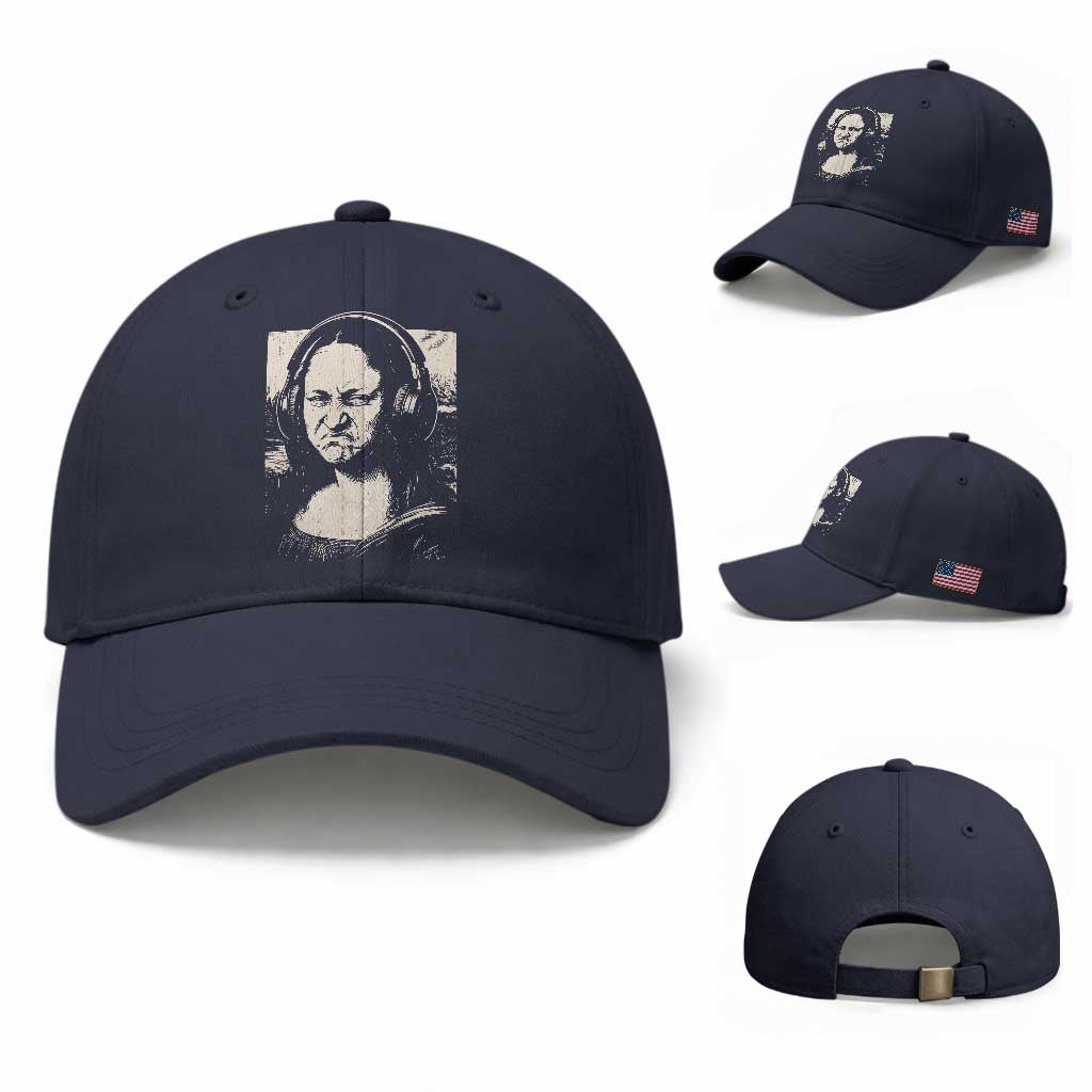 Funny Mona Lisa Wearing Headphones Bass Face Meme Baseball Cap Funny Classical Fine Art Parody Music Producer Graphic TS02 Baseball Cap Universal Fit Navy Print Your Wear