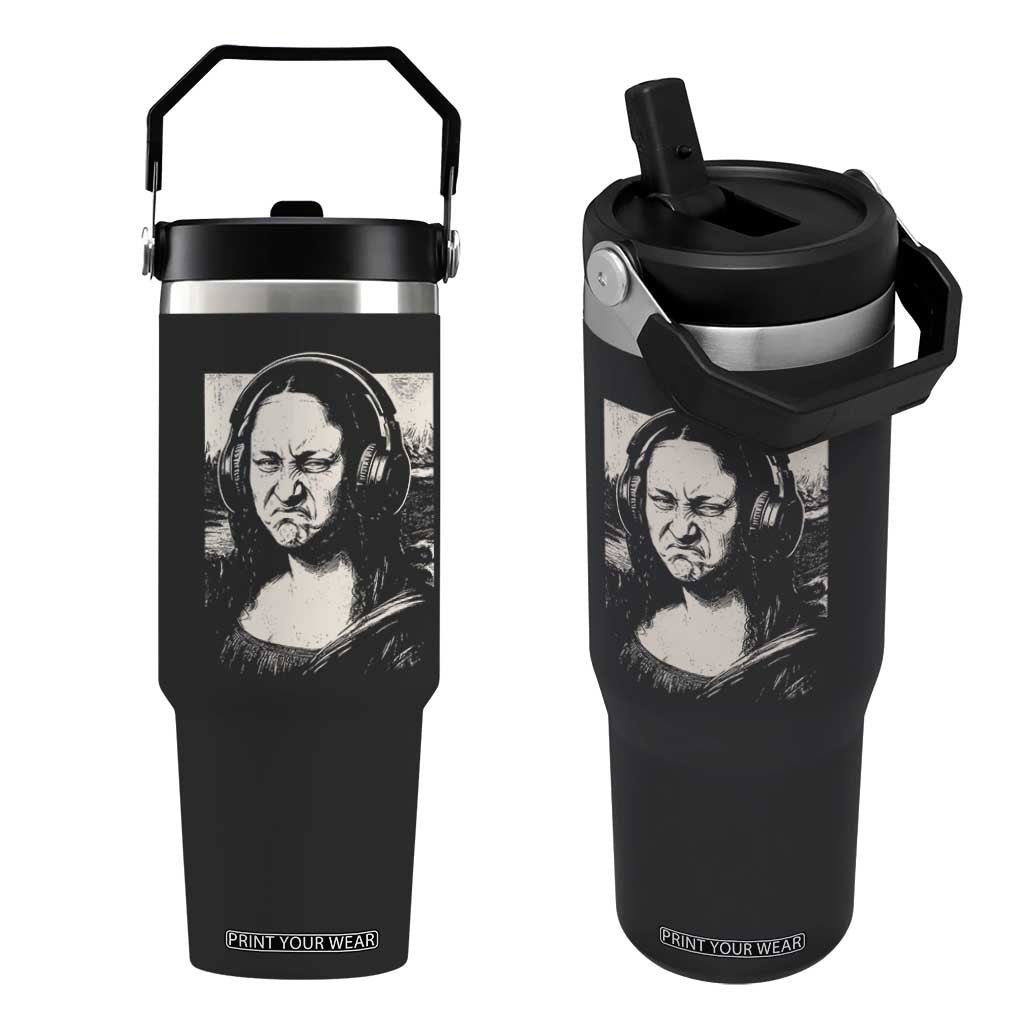 Funny Mona Lisa Wearing Headphones Bass Face Meme Flip Straw Tumbler Funny Classical Fine Art Parody Music Producer Graphic TS02 One Size: 30 oz Black Print Your Wear