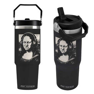 Funny Mona Lisa Wearing Headphones Bass Face Meme Flip Straw Tumbler Funny Classical Fine Art Parody Music Producer Graphic TS02 One Size: 30 oz Black Print Your Wear