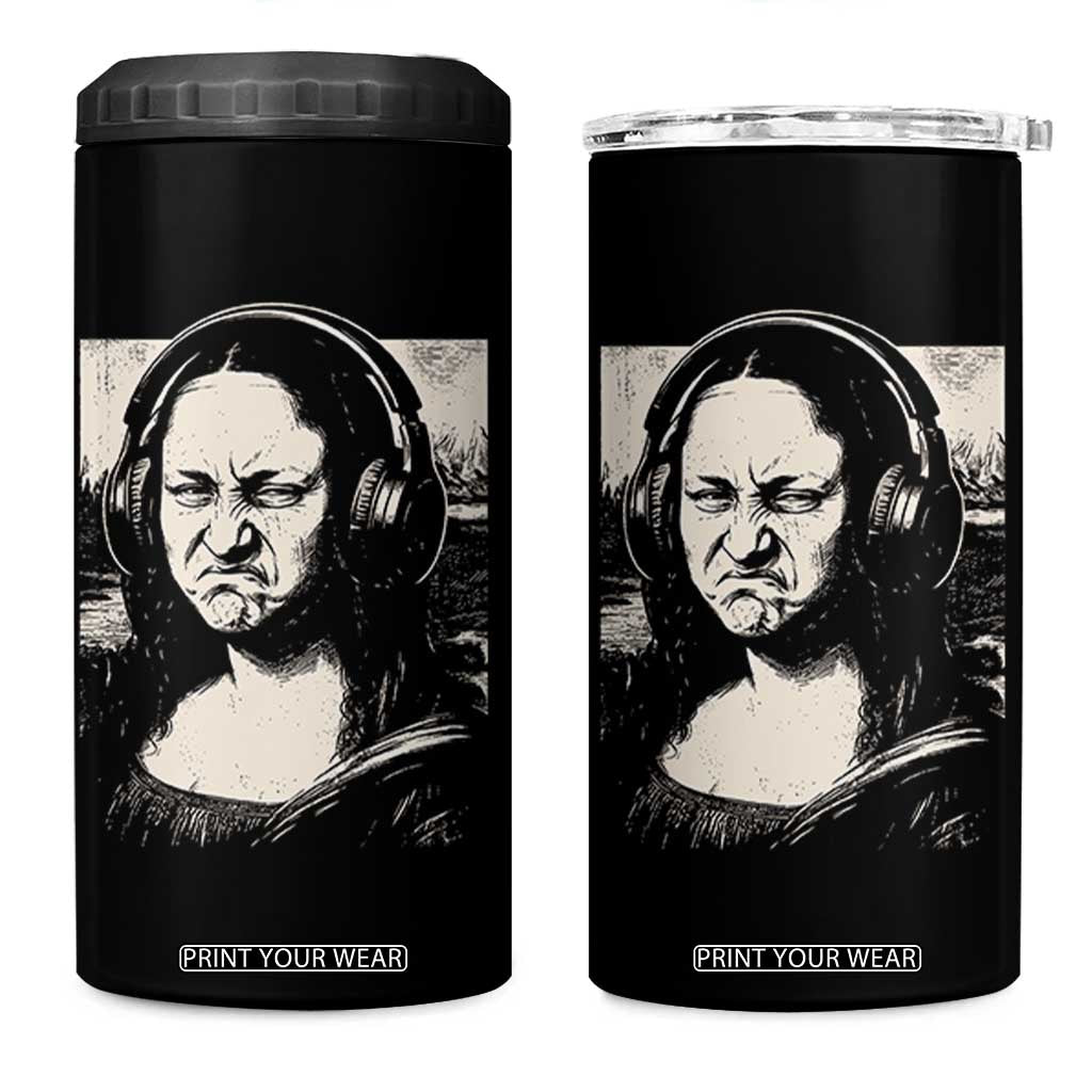 Funny Mona Lisa Wearing Headphones Bass Face Meme 4 in 1 Can Cooler Tumbler Funny Classical Fine Art Parody Music Producer Graphic TS02 One Size: 16 oz Black Print Your Wear
