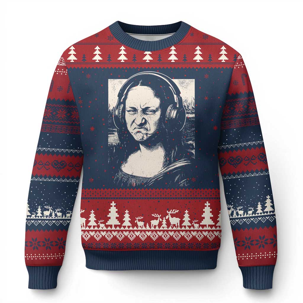 Funny Mona Lisa Wearing Headphones Bass Face Meme Ugly Christmas Sweater Funny Classical Fine Art Parody Music Producer Graphic TS02 Navy Red Print Your Wear