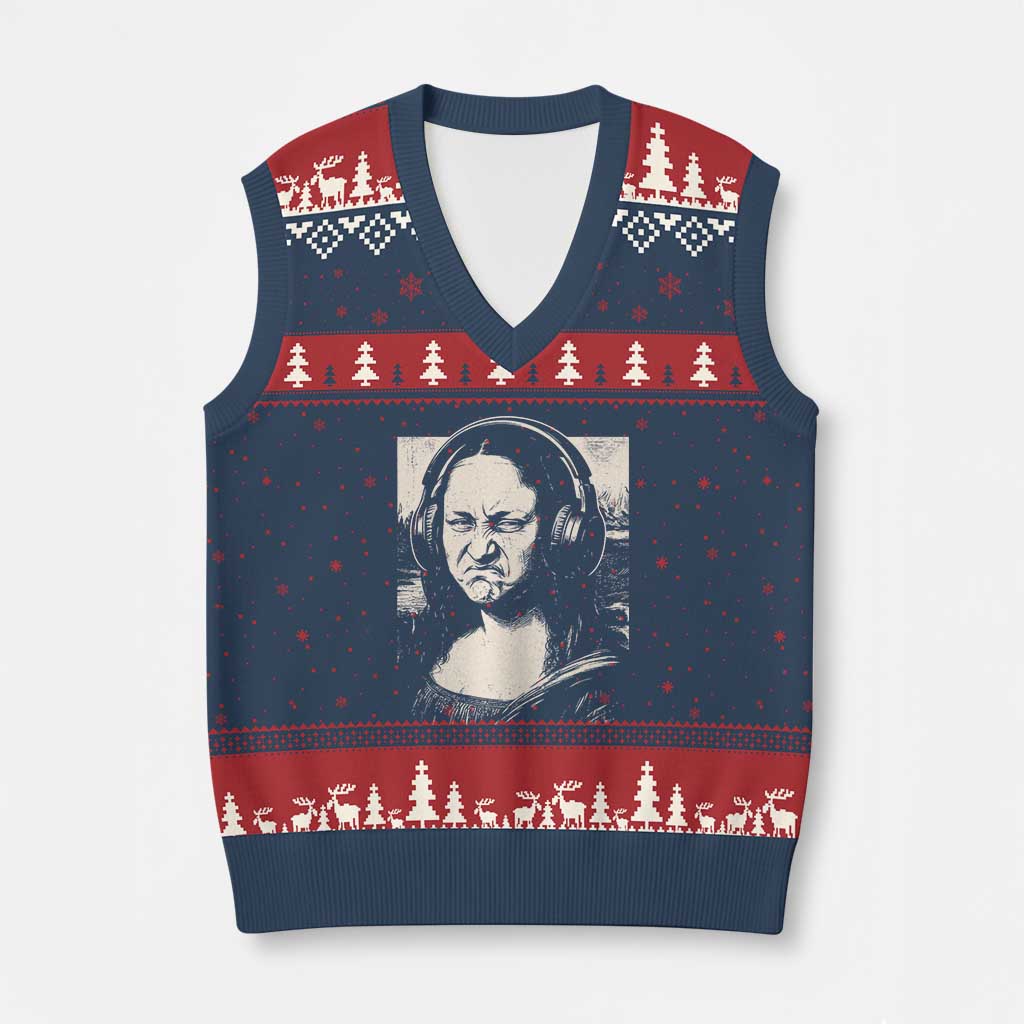 Funny Mona Lisa Wearing Headphones Bass Face Meme V-Neck Knit Sweater Vest Funny Classical Fine Art Parody Music Producer Graphic TS02 Navy Red Print Your Wear