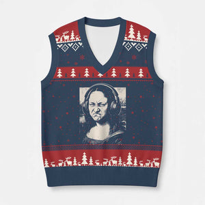 Funny Mona Lisa Wearing Headphones Bass Face Meme V-Neck Knit Sweater Vest Funny Classical Fine Art Parody Music Producer Graphic TS02 Navy Red Print Your Wear
