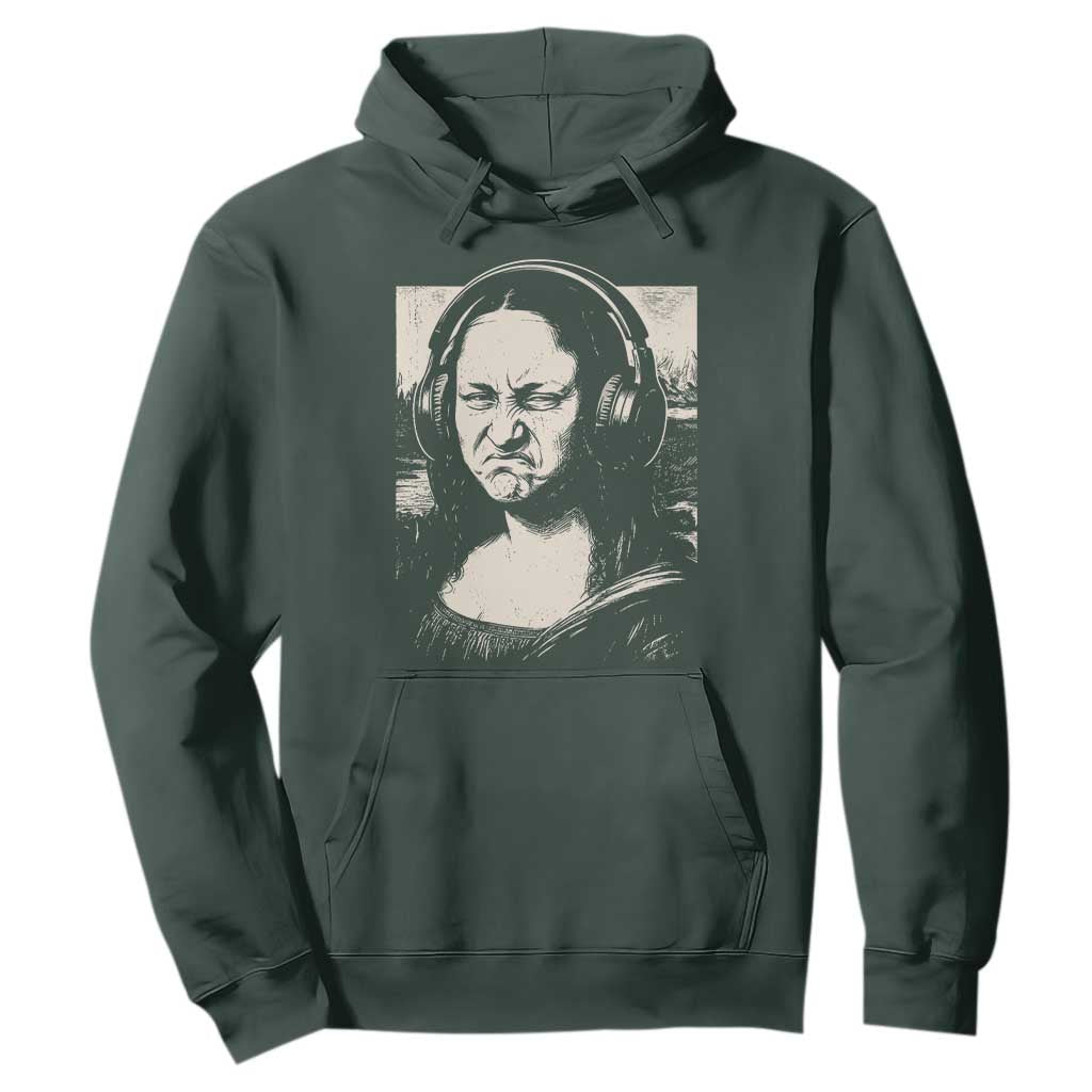 Funny Mona Lisa Wearing Headphones Bass Face Meme Hoodie Funny Classical Fine Art Parody Music Producer Graphic TS02 Dark Forest Green Print Your Wear