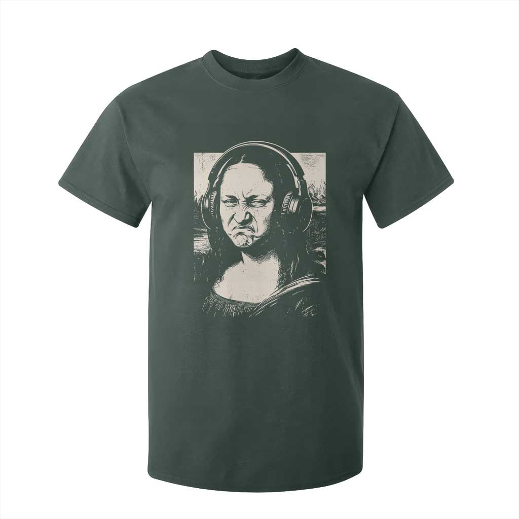 Funny Mona Lisa Wearing Headphones Bass Face Meme T Shirt For Kid Funny Classical Fine Art Parody Music Producer Graphic TS02 Dark Forest Green Print Your Wear