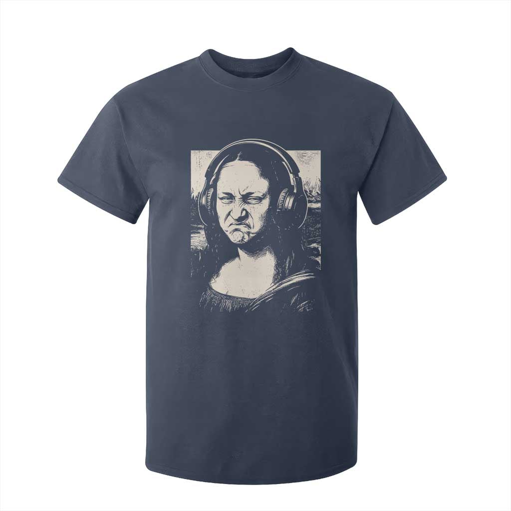 Funny Mona Lisa Wearing Headphones Bass Face Meme T Shirt For Kid Funny Classical Fine Art Parody Music Producer Graphic TS02 Navy Print Your Wear