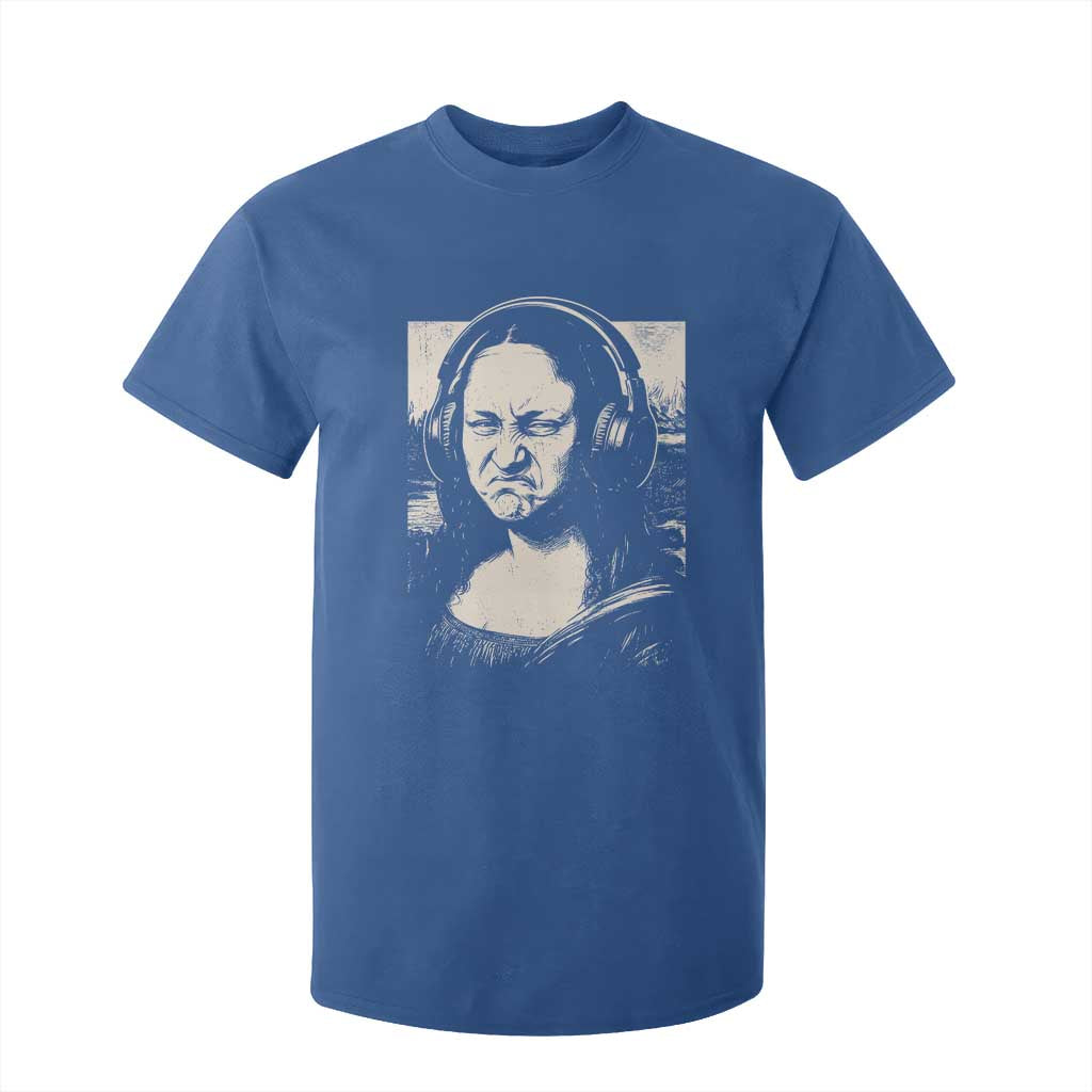 Funny Mona Lisa Wearing Headphones Bass Face Meme T Shirt For Kid Funny Classical Fine Art Parody Music Producer Graphic TS02 Royal Blue Print Your Wear