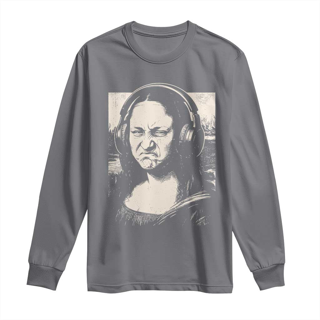 Funny Mona Lisa Wearing Headphones Bass Face Meme Long Sleeve Shirt Funny Classical Fine Art Parody Music Producer Graphic TS02 Charcoal Print Your Wear