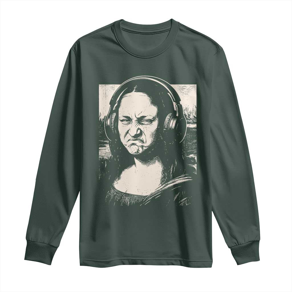 Funny Mona Lisa Wearing Headphones Bass Face Meme Long Sleeve Shirt Funny Classical Fine Art Parody Music Producer Graphic TS02 Dark Forest Green Print Your Wear