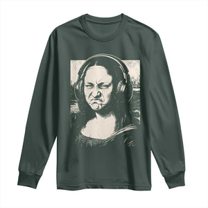 Funny Mona Lisa Wearing Headphones Bass Face Meme Long Sleeve Shirt Funny Classical Fine Art Parody Music Producer Graphic TS02 Dark Forest Green Print Your Wear