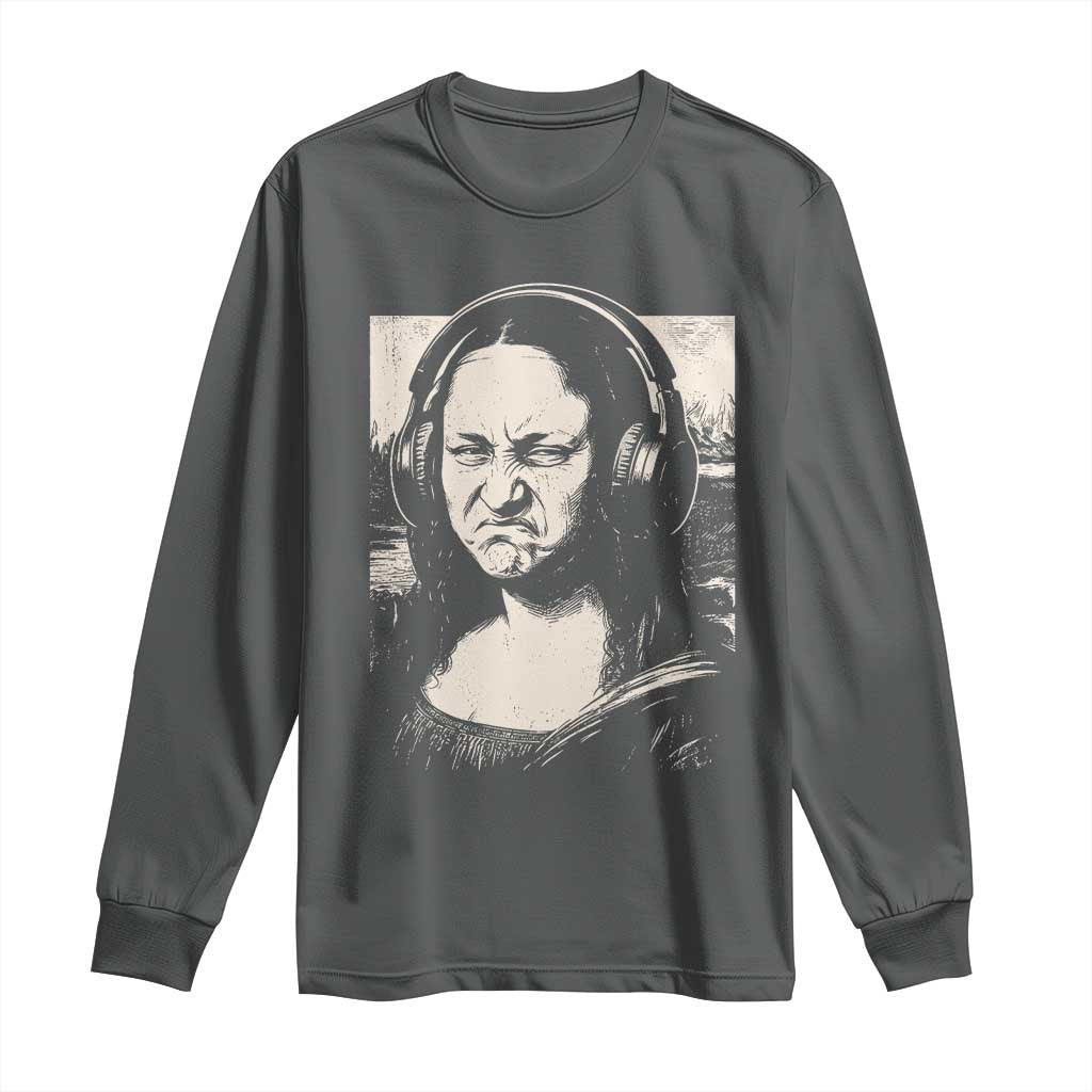 Funny Mona Lisa Wearing Headphones Bass Face Meme Long Sleeve Shirt Funny Classical Fine Art Parody Music Producer Graphic TS02 Dark Heather Print Your Wear