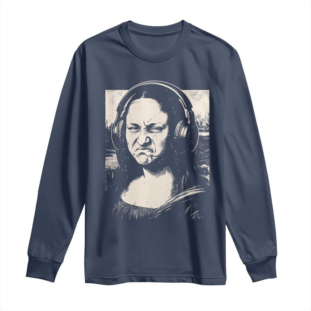 Funny Mona Lisa Wearing Headphones Bass Face Meme Long Sleeve Shirt Funny Classical Fine Art Parody Music Producer Graphic TS02 Navy Print Your Wear