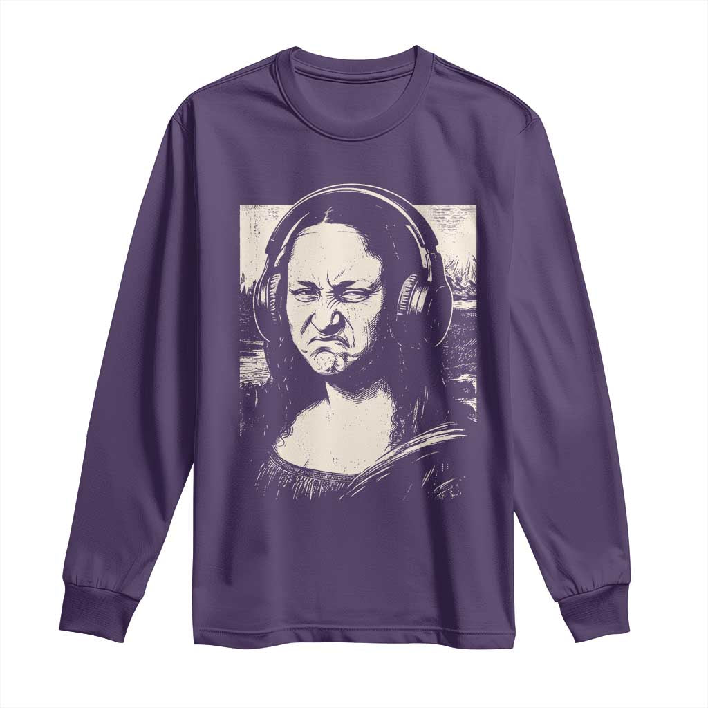 Funny Mona Lisa Wearing Headphones Bass Face Meme Long Sleeve Shirt Funny Classical Fine Art Parody Music Producer Graphic TS02 Purple Print Your Wear