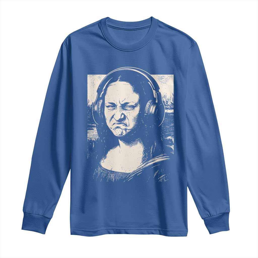 Funny Mona Lisa Wearing Headphones Bass Face Meme Long Sleeve Shirt Funny Classical Fine Art Parody Music Producer Graphic TS02 Royal Blue Print Your Wear