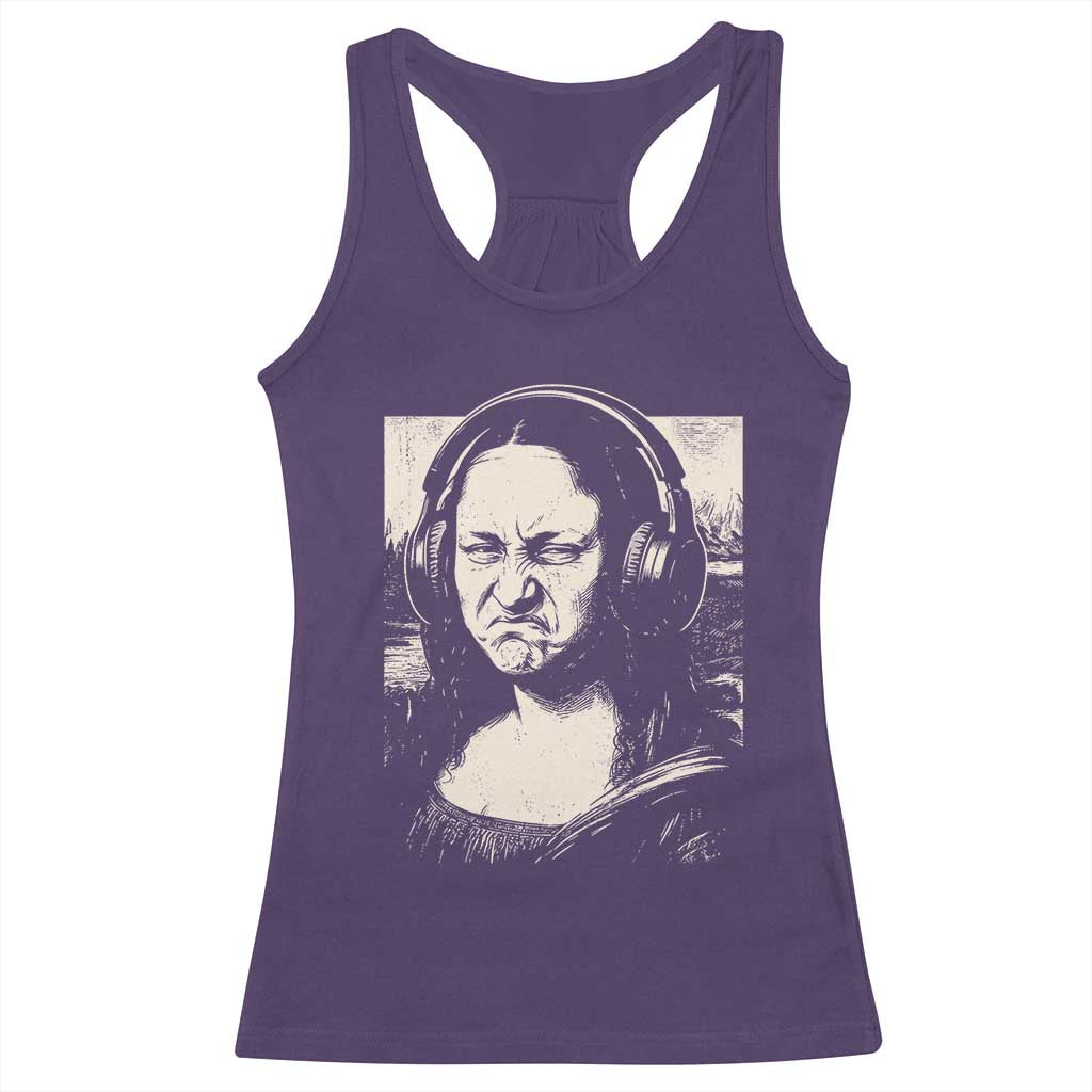 Funny Mona Lisa Wearing Headphones Bass Face Meme Racerback Tank Top Funny Classical Fine Art Parody Music Producer Graphic TS02 Purple Print Your Wear