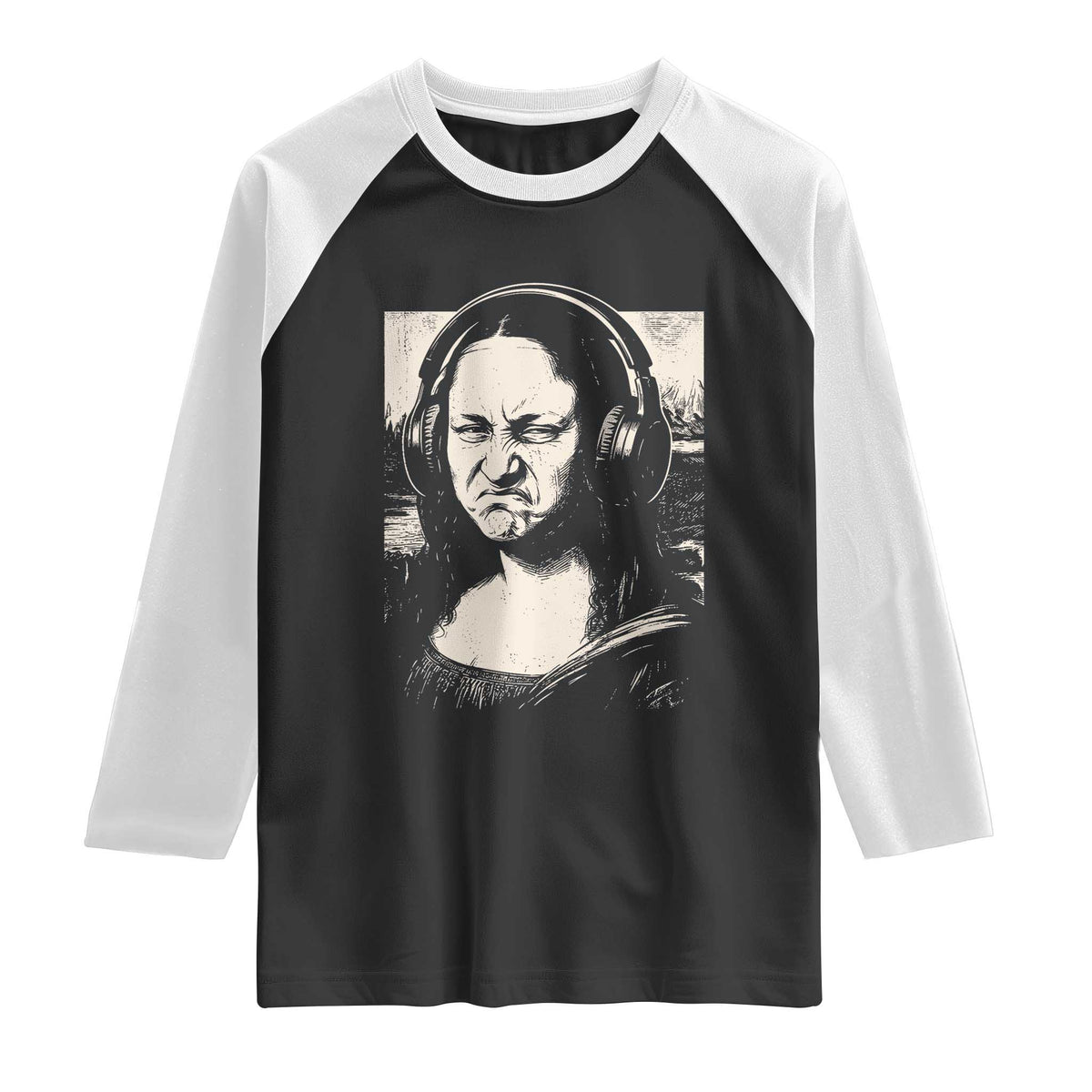 Funny Mona Lisa Wearing Headphones Bass Face Meme Raglan Shirt Funny Classical Fine Art Parody Music Producer Graphic TS02 Black White Print Your Wear