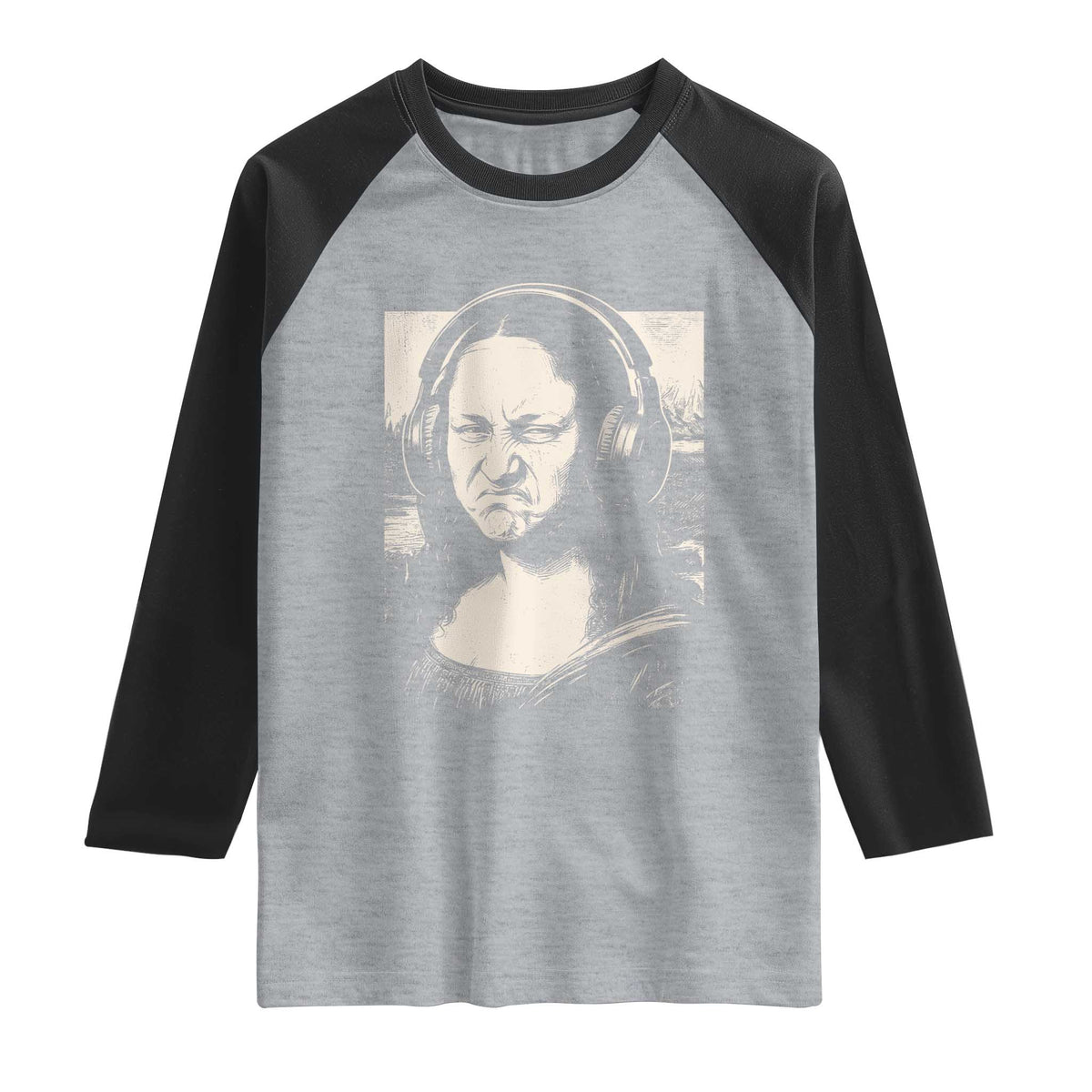 Funny Mona Lisa Wearing Headphones Bass Face Meme Raglan Shirt Funny Classical Fine Art Parody Music Producer Graphic TS02 Heather Gray Black Print Your Wear