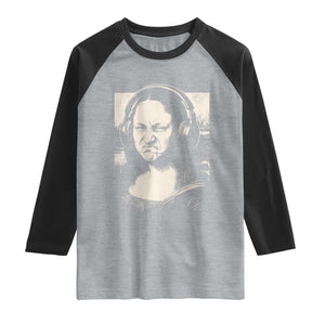 Funny Mona Lisa Wearing Headphones Bass Face Meme Raglan Shirt Funny Classical Fine Art Parody Music Producer Graphic TS02 Heather Gray Black Print Your Wear