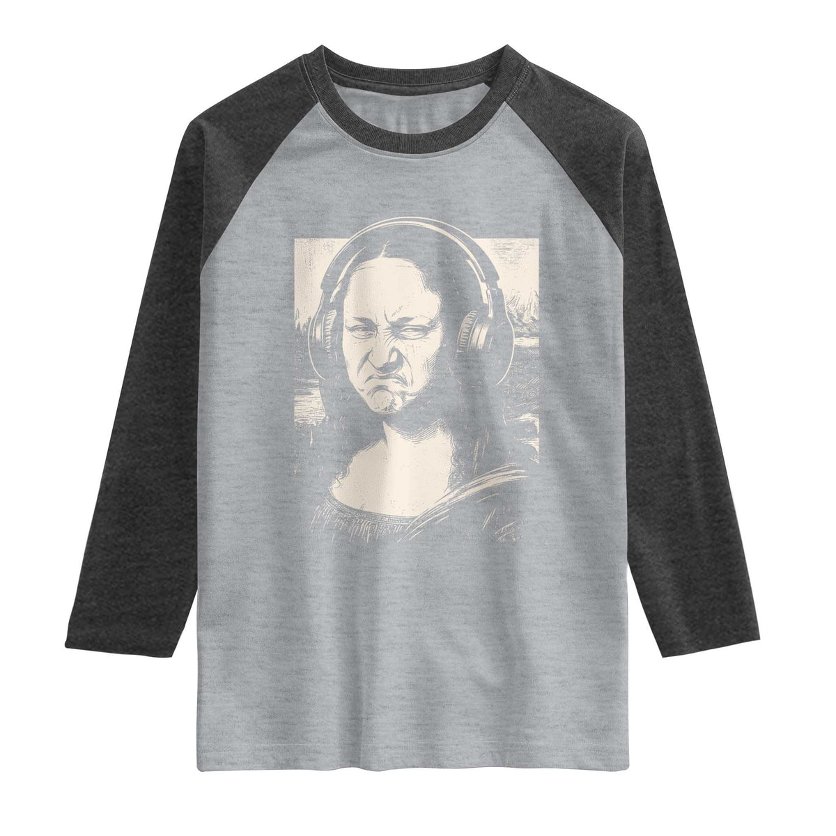 Funny Mona Lisa Wearing Headphones Bass Face Meme Raglan Shirt Funny Classical Fine Art Parody Music Producer Graphic TS02 Heather Gray Heather Charcoal Print Your Wear