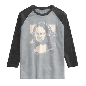 Funny Mona Lisa Wearing Headphones Bass Face Meme Raglan Shirt Funny Classical Fine Art Parody Music Producer Graphic TS02 Heather Gray Heather Charcoal Print Your Wear
