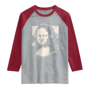 Funny Mona Lisa Wearing Headphones Bass Face Meme Raglan Shirt Funny Classical Fine Art Parody Music Producer Graphic TS02 Heather Gray Heather Red Print Your Wear