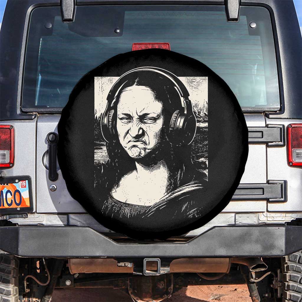 Funny Mona Lisa Wearing Headphones Bass Face Meme Spare Tire Cover Funny Classical Fine Art Parody Music Producer Graphic TS02 No hole Black Print Your Wear