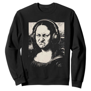 Funny Mona Lisa Wearing Headphones Bass Face Meme Sweatshirt Funny Classical Fine Art Parody Music Producer Graphic TS02 Black Print Your Wear