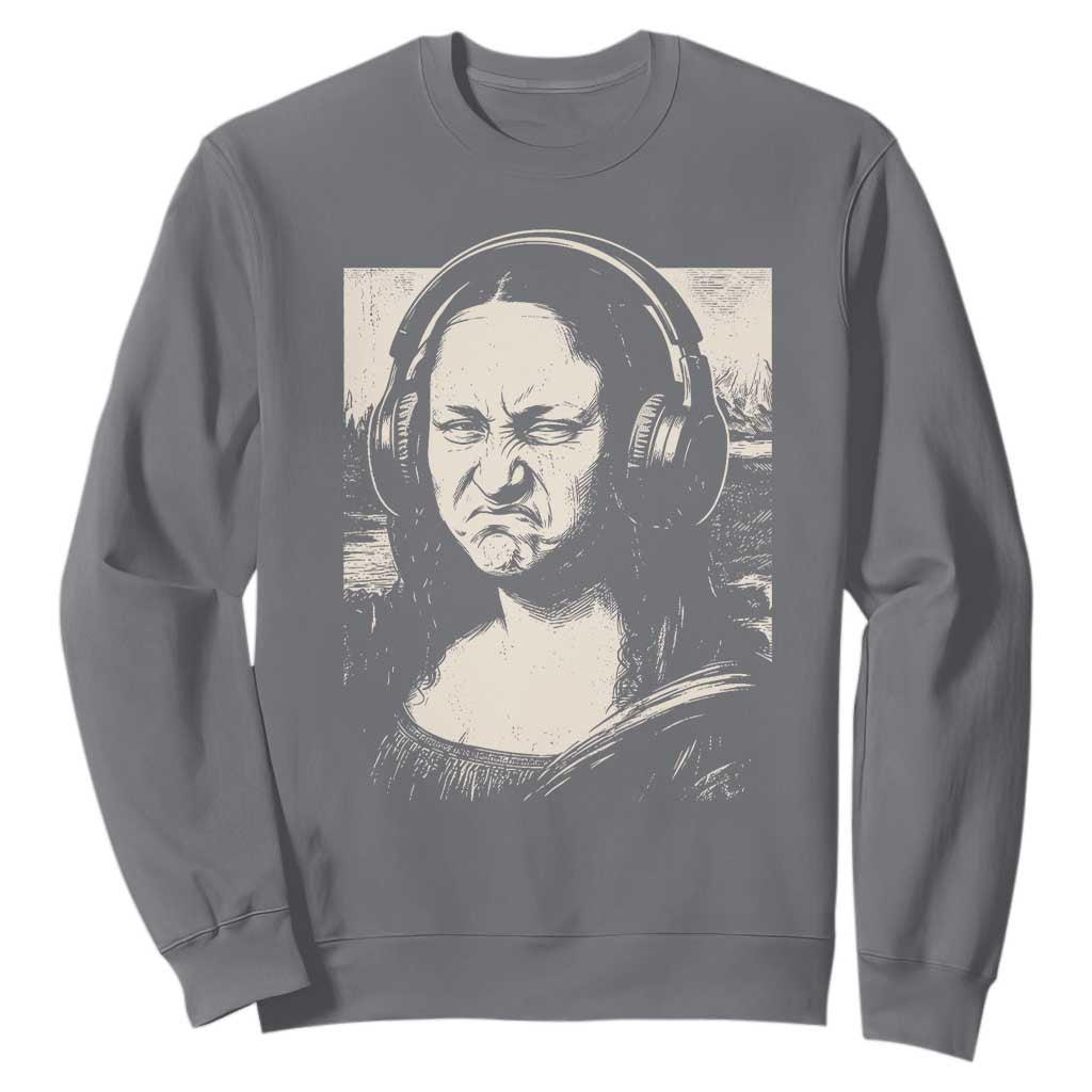Funny Mona Lisa Wearing Headphones Bass Face Meme Sweatshirt Funny Classical Fine Art Parody Music Producer Graphic TS02 Charcoal Print Your Wear