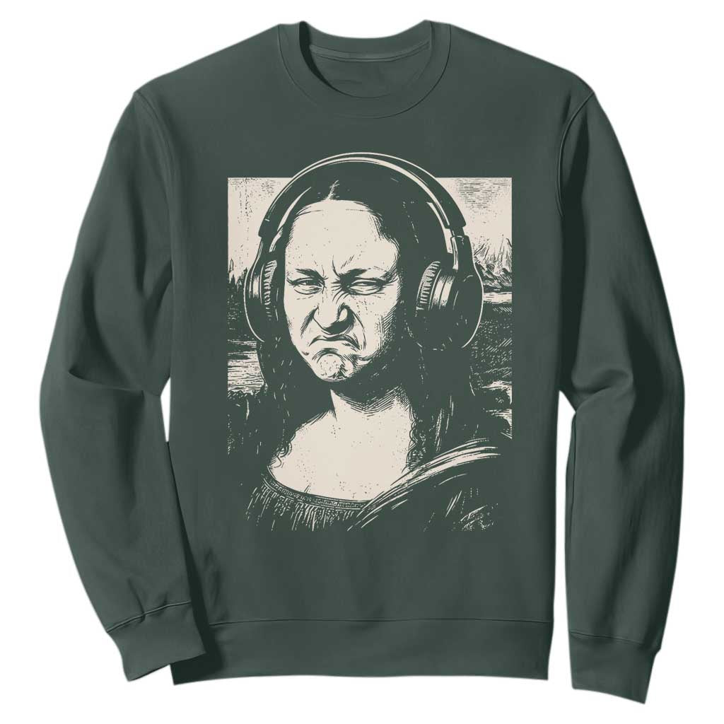 Funny Mona Lisa Wearing Headphones Bass Face Meme Sweatshirt Funny Classical Fine Art Parody Music Producer Graphic TS02 Dark Forest Green Print Your Wear