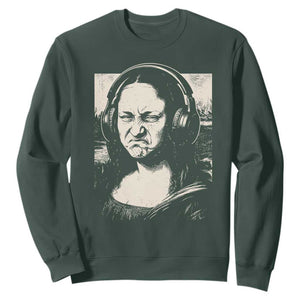 Funny Mona Lisa Wearing Headphones Bass Face Meme Sweatshirt Funny Classical Fine Art Parody Music Producer Graphic TS02 Dark Forest Green Print Your Wear