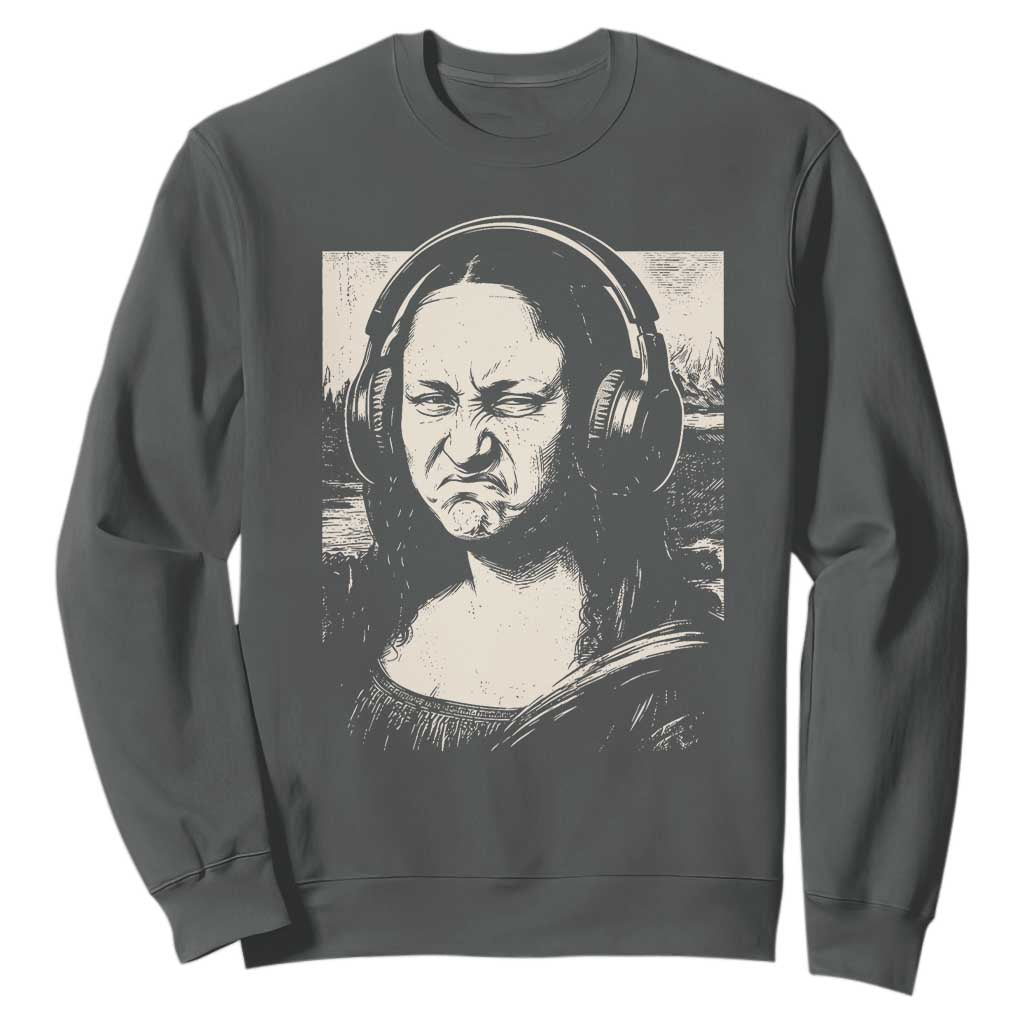 Funny Mona Lisa Wearing Headphones Bass Face Meme Sweatshirt Funny Classical Fine Art Parody Music Producer Graphic TS02 Dark Heather Print Your Wear