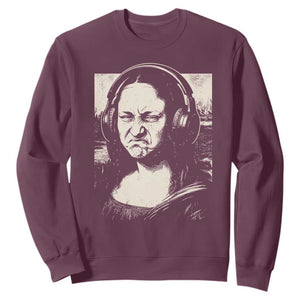 Funny Mona Lisa Wearing Headphones Bass Face Meme Sweatshirt Funny Classical Fine Art Parody Music Producer Graphic TS02 Maroon Print Your Wear
