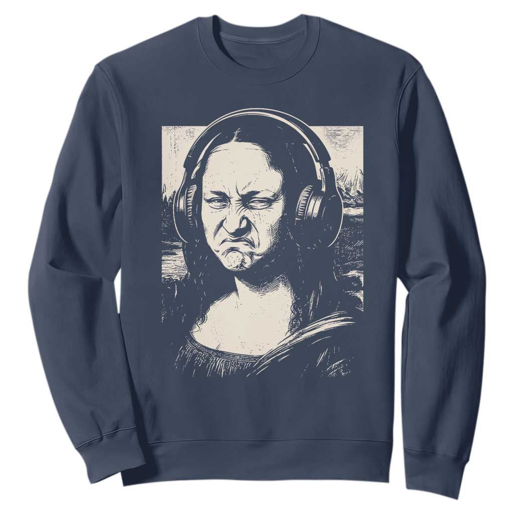 Funny Mona Lisa Wearing Headphones Bass Face Meme Sweatshirt Funny Classical Fine Art Parody Music Producer Graphic TS02 Navy Print Your Wear