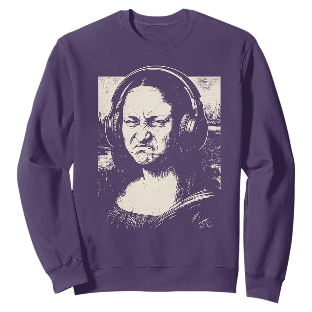 Funny Mona Lisa Wearing Headphones Bass Face Meme Sweatshirt Funny Classical Fine Art Parody Music Producer Graphic TS02 Purple Print Your Wear