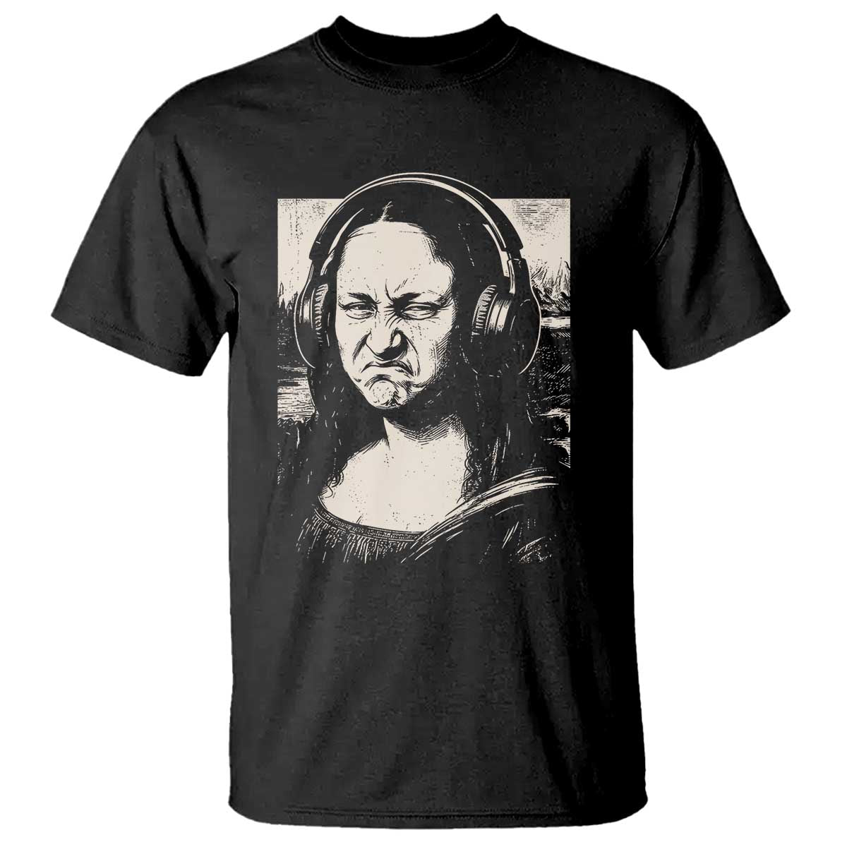 Funny Mona Lisa Wearing Headphones Bass Face Meme T Shirt Funny Classical Fine Art Parody Music Producer Graphic TS02 Black Print Your Wear