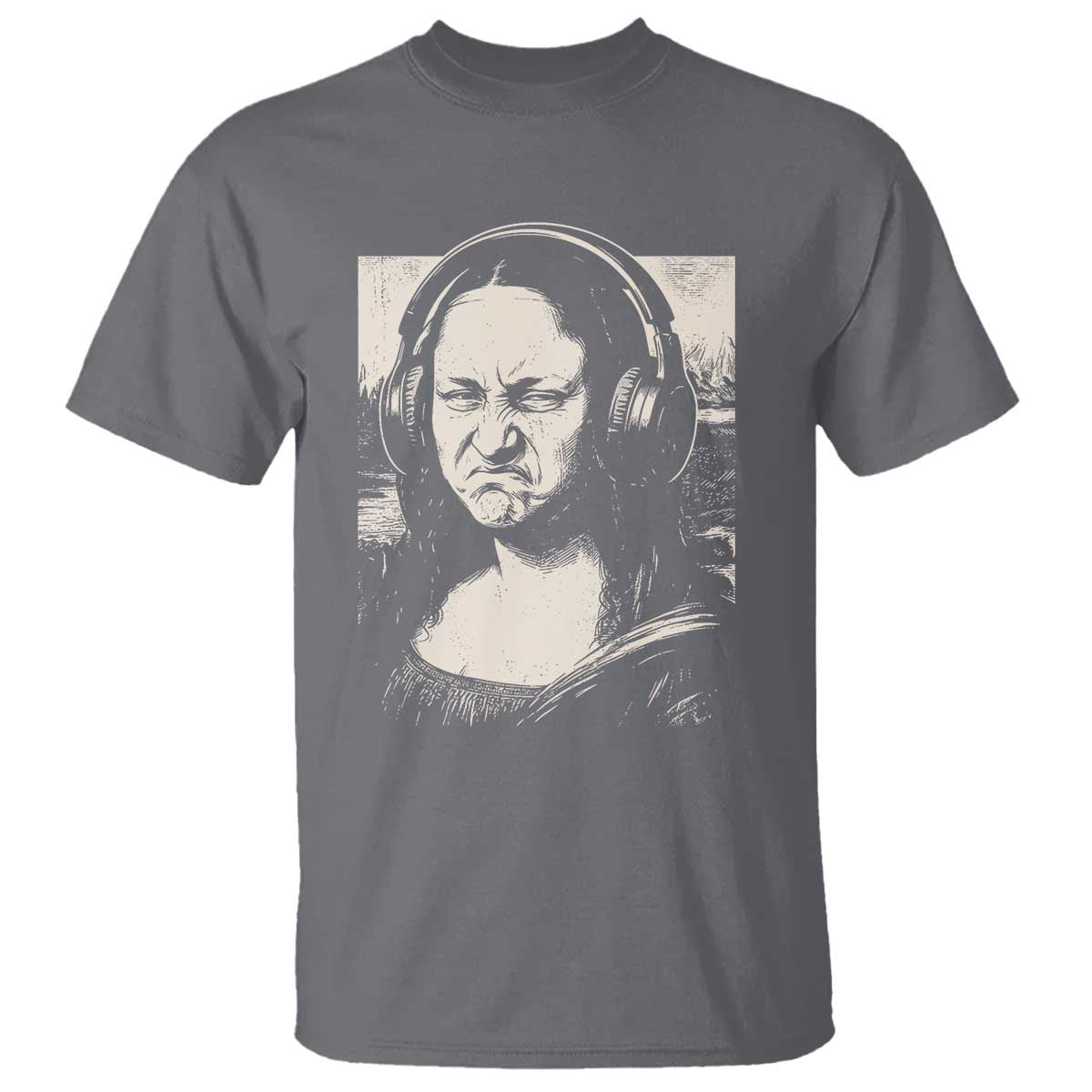 Funny Mona Lisa Wearing Headphones Bass Face Meme T Shirt Funny Classical Fine Art Parody Music Producer Graphic TS02 Charcoal Print Your Wear