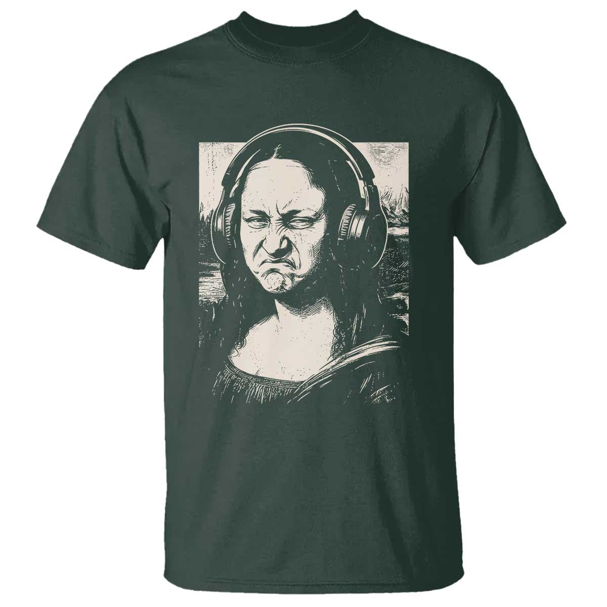 Funny Mona Lisa Wearing Headphones Bass Face Meme T Shirt Funny Classical Fine Art Parody Music Producer Graphic TS02 Dark Forest Green Print Your Wear