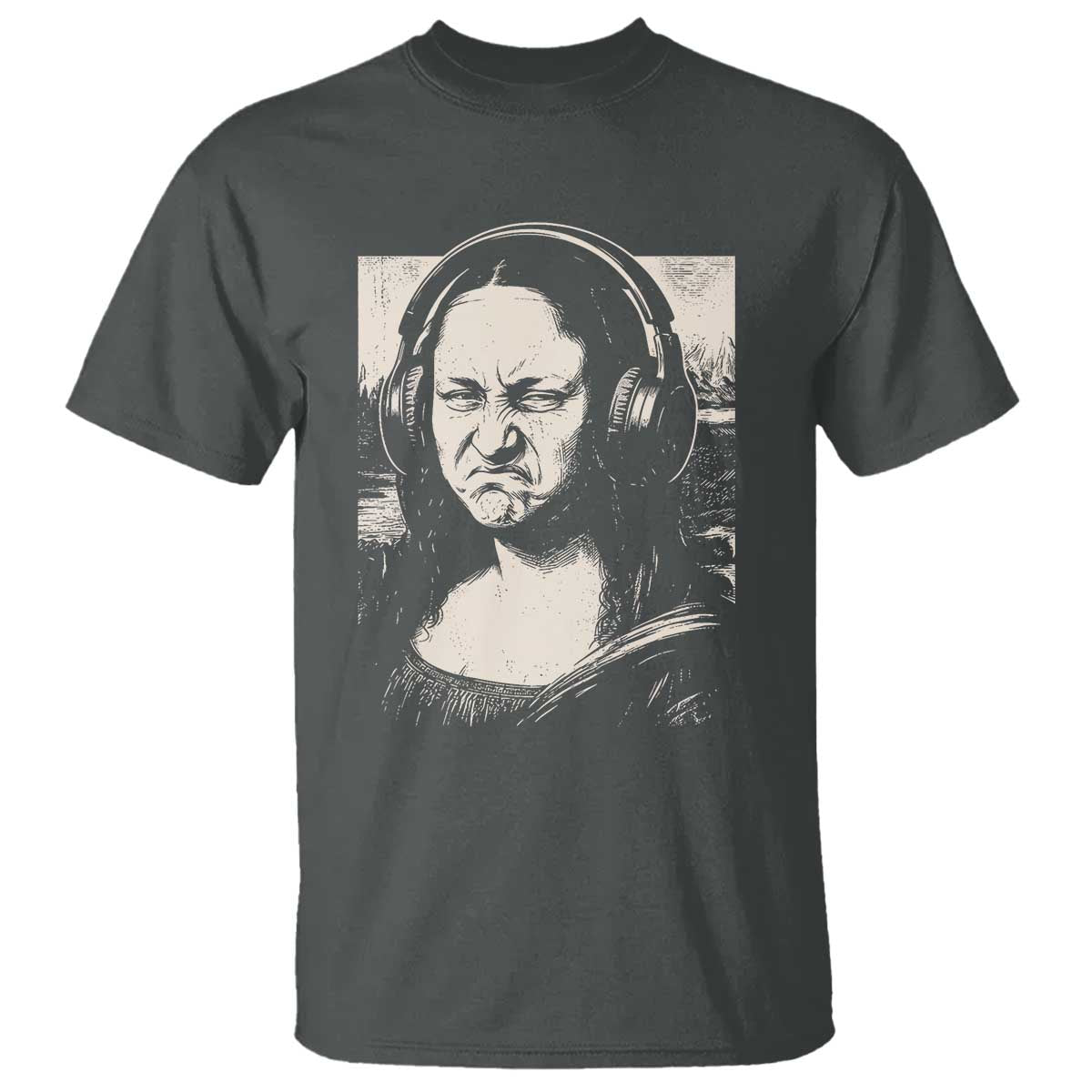 Funny Mona Lisa Wearing Headphones Bass Face Meme T Shirt Funny Classical Fine Art Parody Music Producer Graphic TS02 Dark Heather Print Your Wear